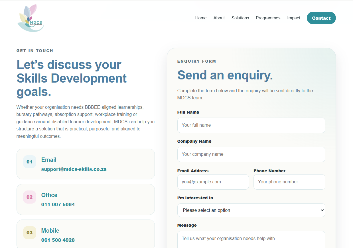 MDCS Skills Academy website contact section