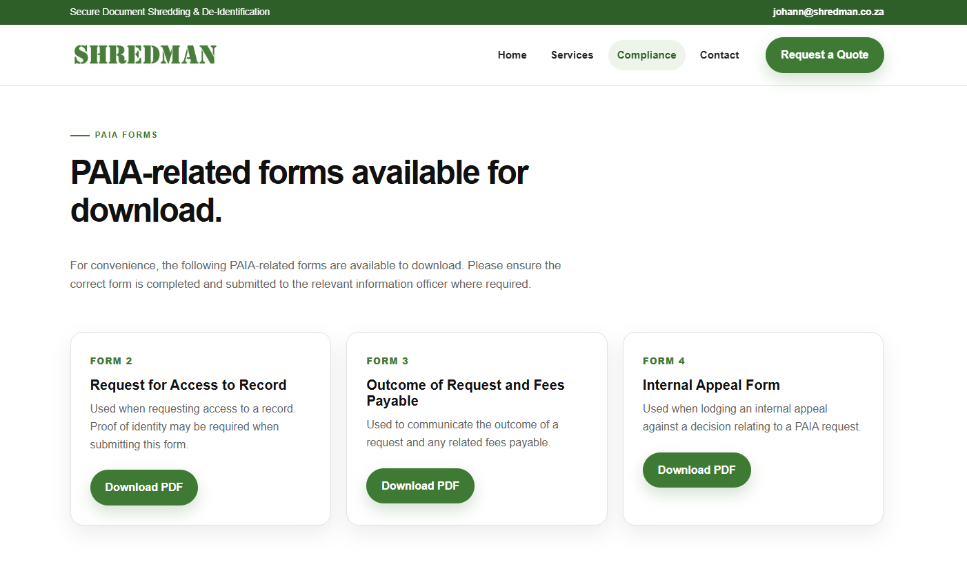 Shredman compliance website section