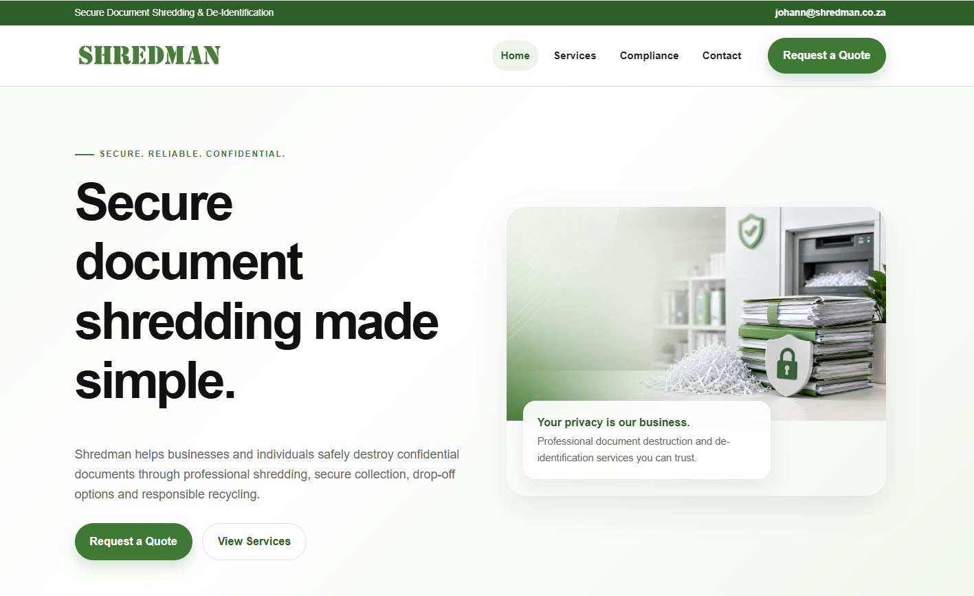 Shredman website homepage